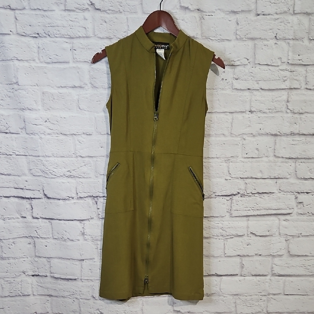 Metrostyle Vintage Sleeveless Olive Midi Dress with Zipper